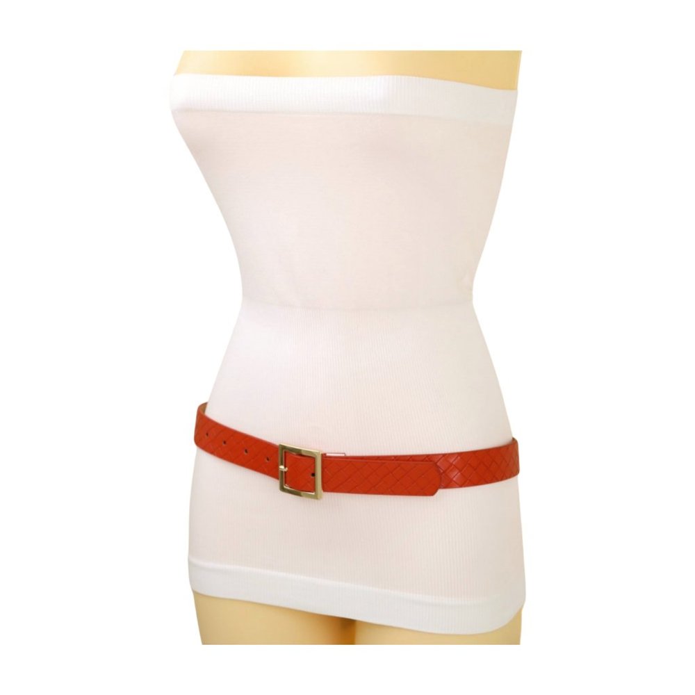 Women Orange Color Basket Weave Skinny Belt Gold Metal Square Buckle Size S M - Picture 16 of 17